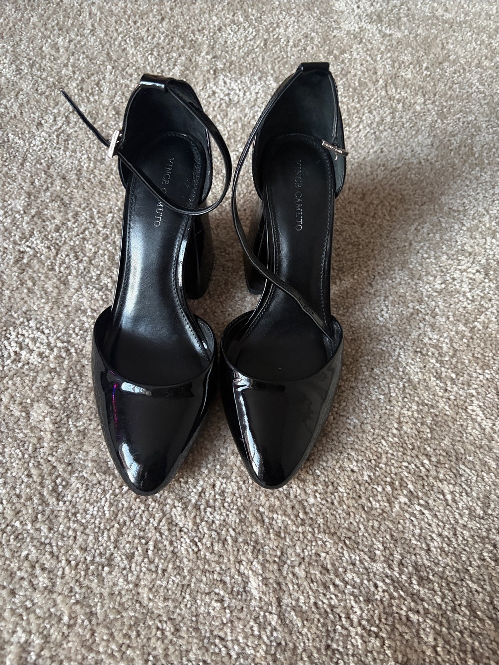 Vince Camuto Black Patent Pointed-Toe Ankle-Strap Heels